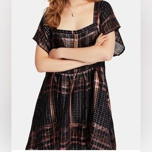 FREE PEOPLE $128 Barcelona Metallic Plaid Shimmer Mini Swing Dress Size XS
